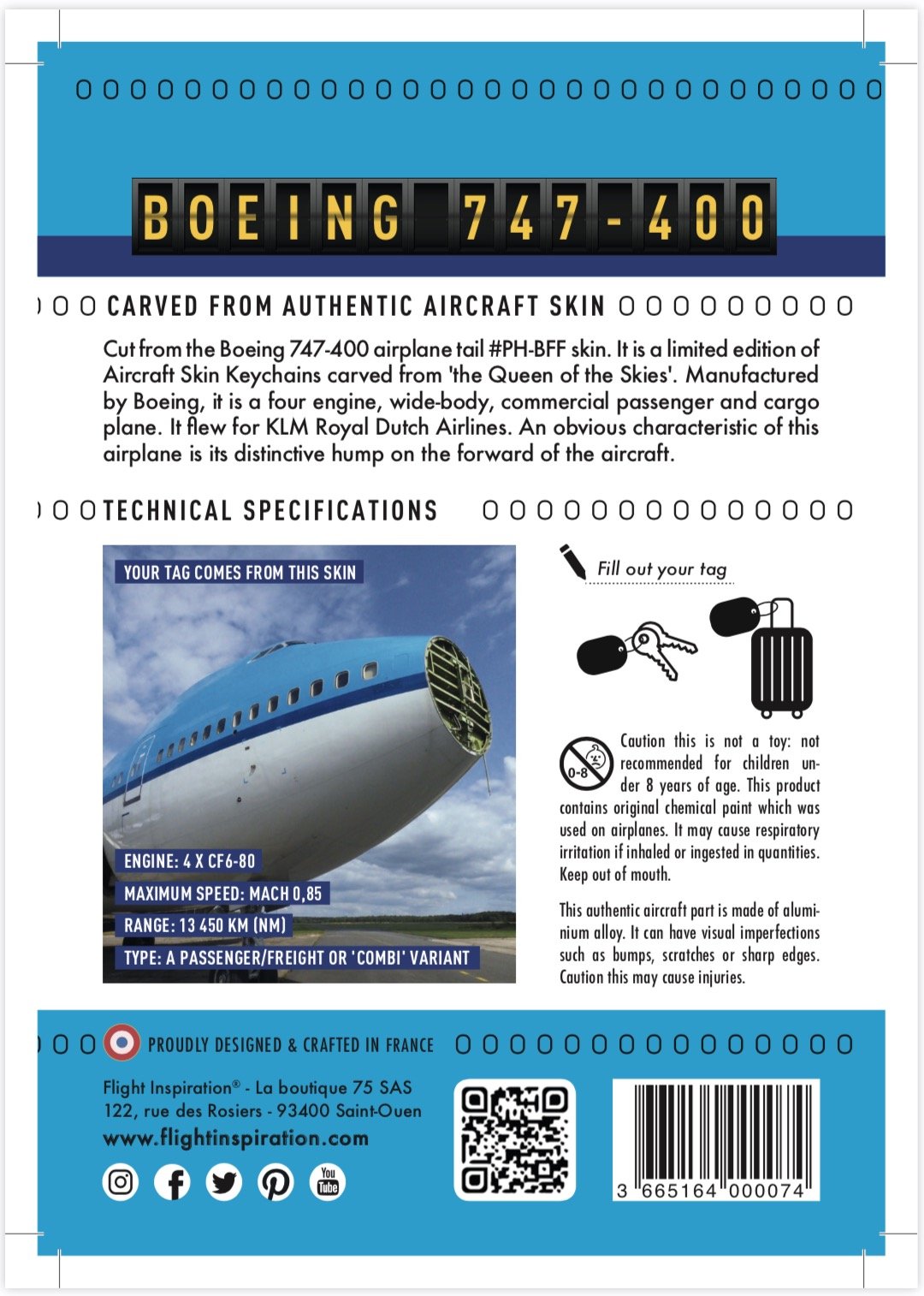 Blister verso pour cadeau Porte-Clé Aéro - Avion Boeing 747 PH-BFF de la KLM - Edition limitée de 335 Porte-Clés Aéro - Création Française by Flight Inspiration®