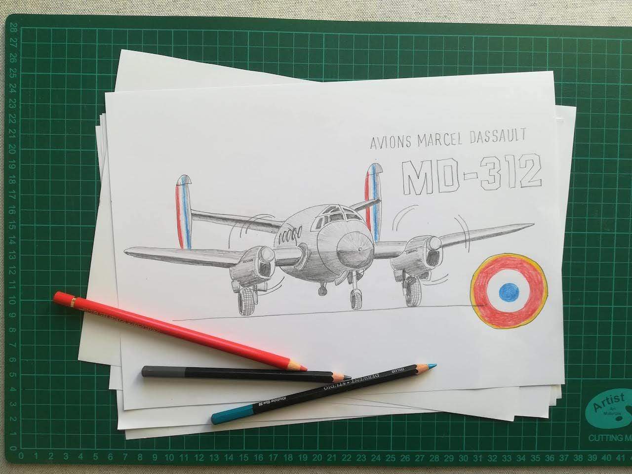 Détail du dessin du Dassault MD-312 Flamant par notre designer Camille de Montmorillon - Flight inspiration.com