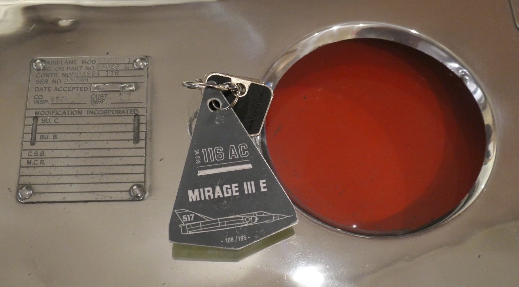 Dassault Mirage III-E  Apollo series Aircraft Skin Keychain display on a Grumman HU-16 Albatross desk by Flight Inspiration® - France